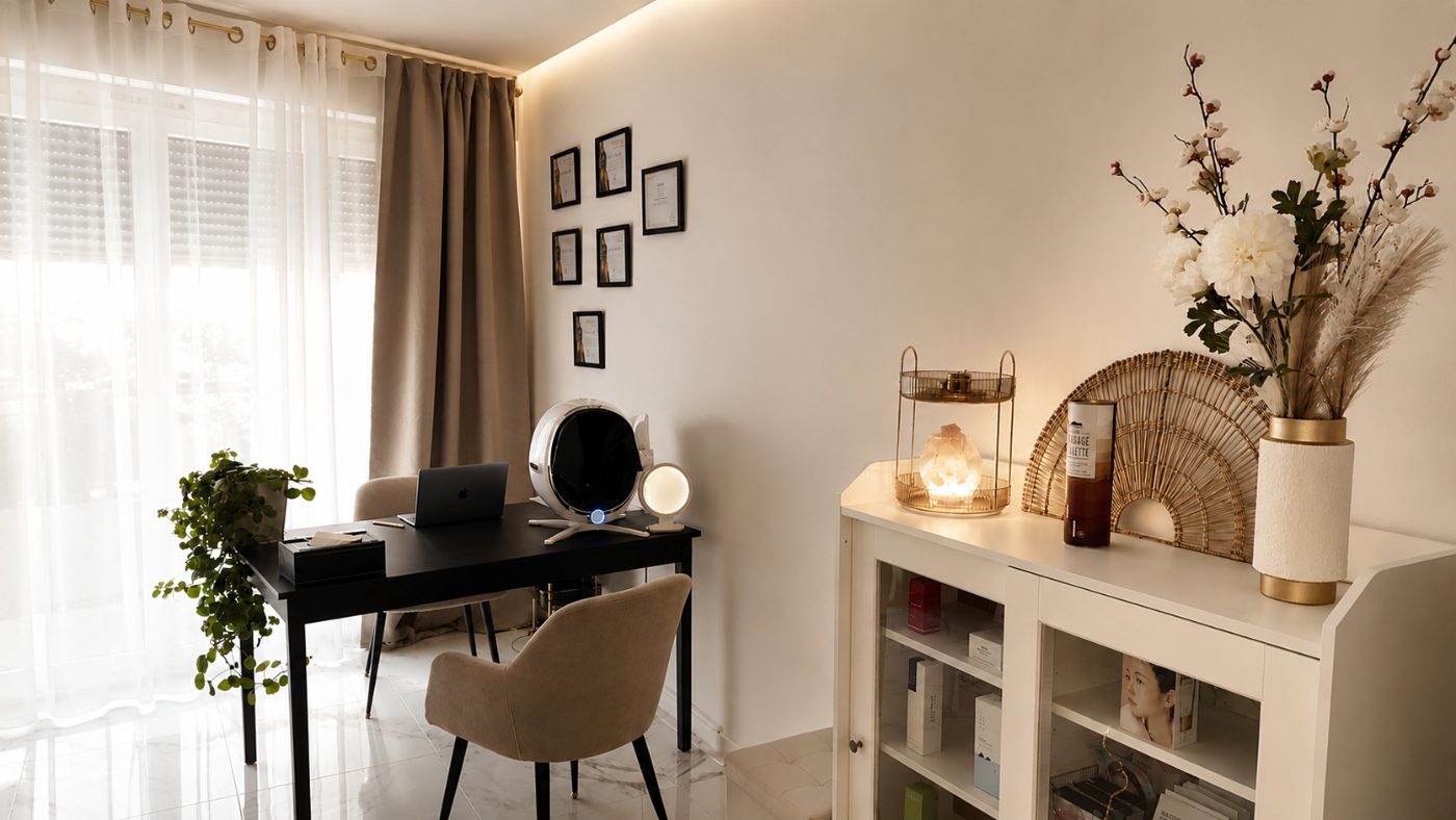 Espace bureau et présentoir de produits de l'institut AuraSkin